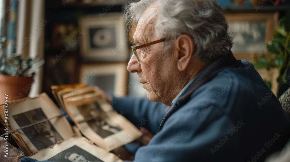 Reflective Senior Man Recalling Memories Through Old Photographs: Nostalgia, Mental Health, Memory Loss Concept. Reflective Senior Man Recalling Memories Through Old Photographs: Nostalgia, Mental Health, Memory Loss Concept.