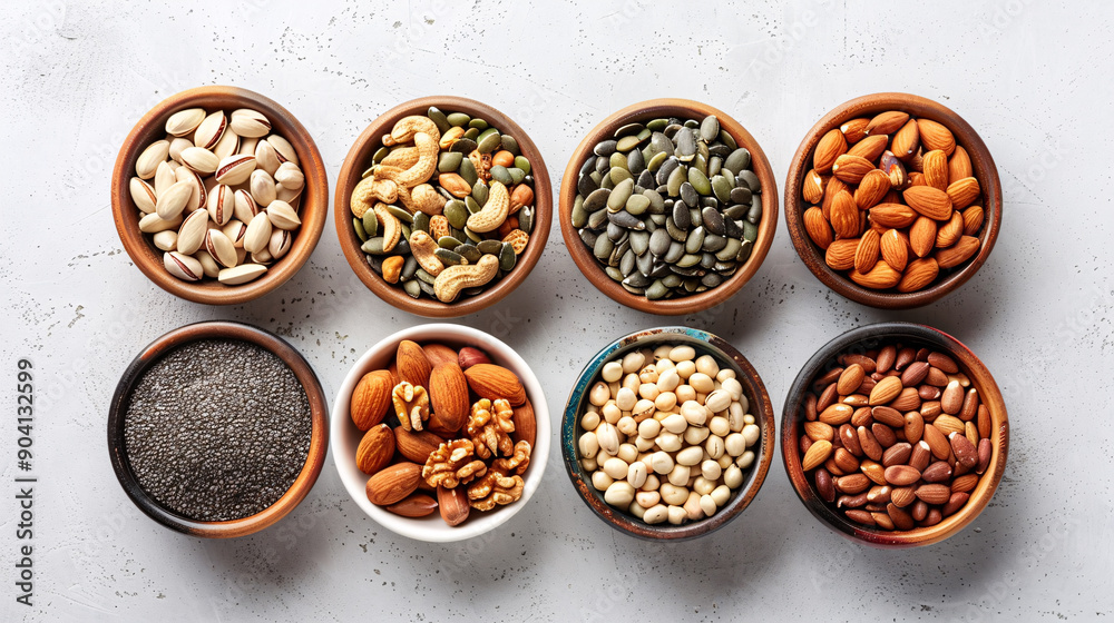 Assorted seeds and nuts in bowls Assorted seeds and nuts in bowls