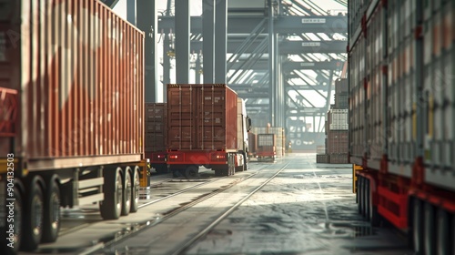 Cargo containers lined up at a shipping terminal, ready for loading or unloading.