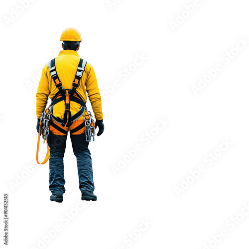A worker using a fall protection harness on a rooftop, realistic photo, isolated on transparent background