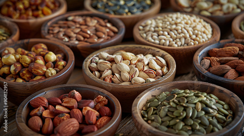 Assorted seeds and nuts in small bowls