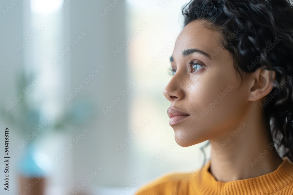 Contemplative Woman Staring at Pill Bottle in Profile View - Mental Health and Medication Reliance Concept Contemplative Woman Staring at Pill Bottle in Profile View - Mental Health and Medication Reliance Concept