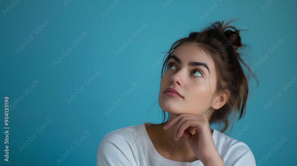 Close up portrait of young beautiful women thinking and looking at empty space on blue background, hand under chin, white shirt Close up portrait of young beautiful women thinking and looking at empty space on blue background, hand under chin, white shirt