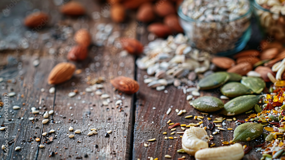 Obraz premium Assorted seeds and nuts on a wooden table