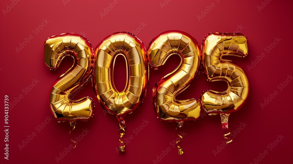 Four golden inflatable balloons formed the number 2025 on a burgundy background. Four golden inflatable balloons formed the number 2025 on a burgundy background.