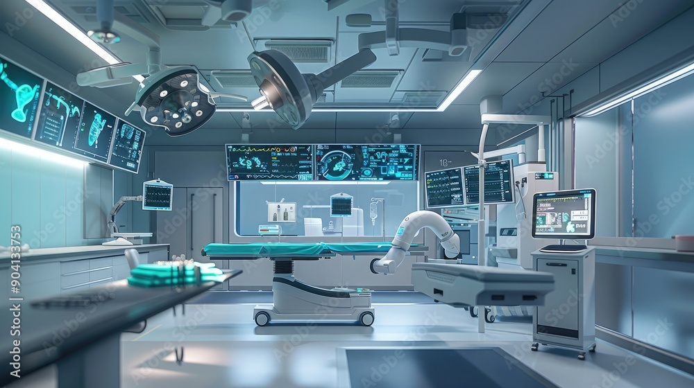 A modern, sterile operating room with a robotic surgical system and high-definition monitors displaying real-time data. A modern, sterile operating room with a robotic surgical system and high-definition monitors displaying real-time data.