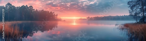 Misty Lake Sunrise Illustration