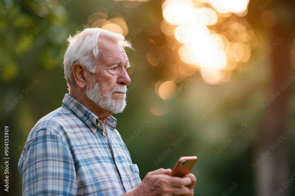 Senior Man in Profile Looking Confused While Holding Phone, Concept of Mental Health and Cognitive Decline