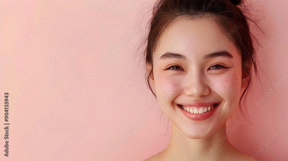Radiant young Asian woman with vibrant smile against pink background Radiant young Asian woman with vibrant smile against pink background