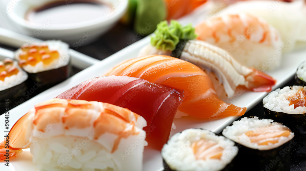 Assorted sushi and sashimi with soy sauce ginger and wasabi Assorted sushi and sashimi with soy sauce ginger and wasabi