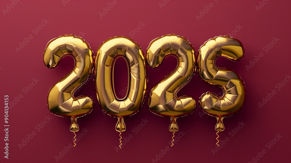 Four golden inflatable balloons formed the number 2025 on a burgundy background. Four golden inflatable balloons formed the number 2025 on a burgundy background.