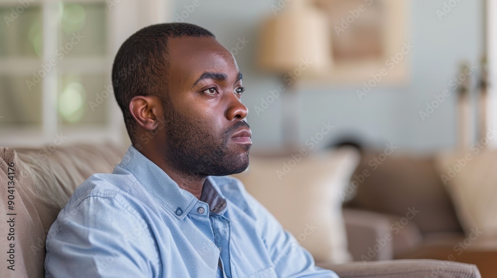Contemplative man sitting on couch with vacant stare symbolizing mental health and depression issues Contemplative man sitting on couch with vacant stare symbolizing mental health and depression issues