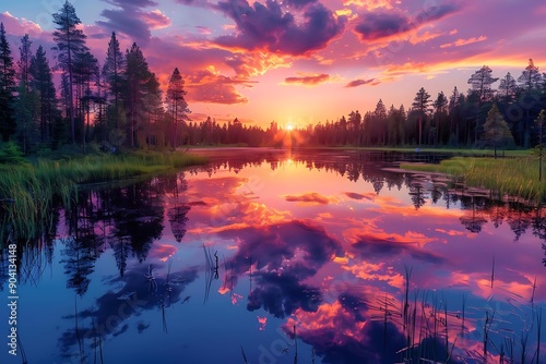 Vibrant Sunset Reflected in Still Water - Illustration