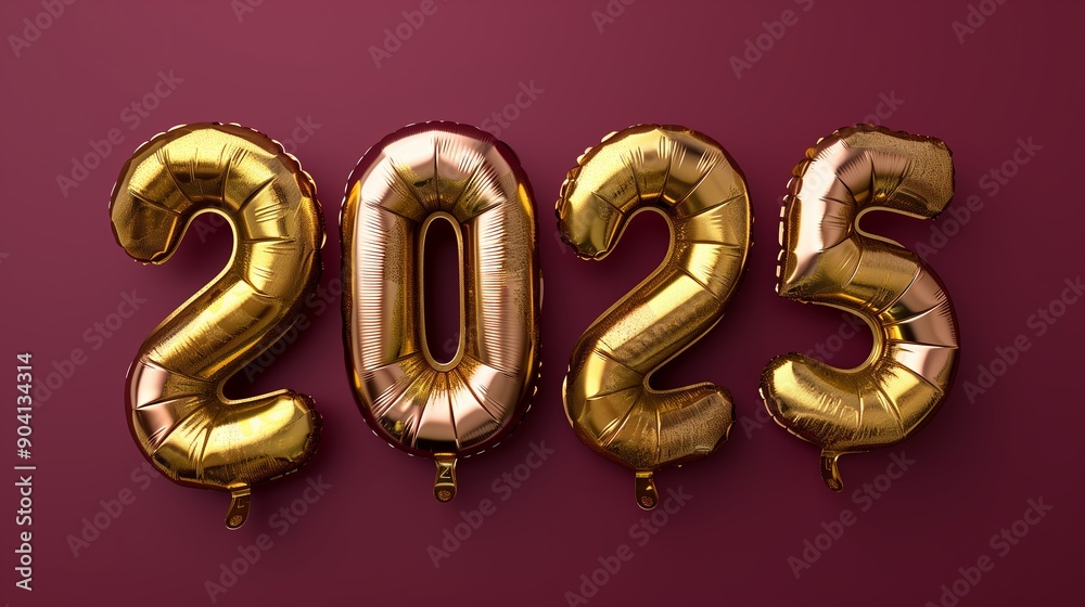 Four golden inflatable balloons formed the number 2025 on a burgundy background. Four golden inflatable balloons formed the number 2025 on a burgundy background.