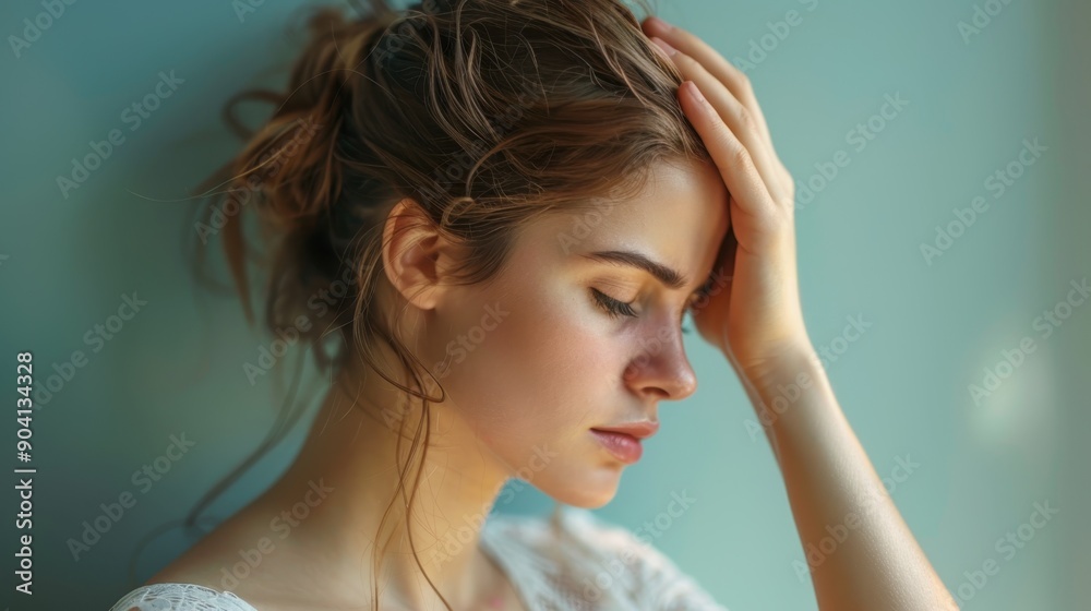 Exhausted woman in profile holding head, overwhelmed and stressed with mental health issues Exhausted woman in profile holding head, overwhelmed and stressed with mental health issues