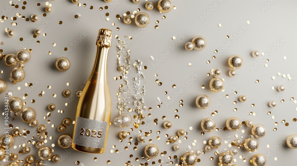 Naklejka premium The number 2025 and gold bottle of champagne on the gold and beige background.