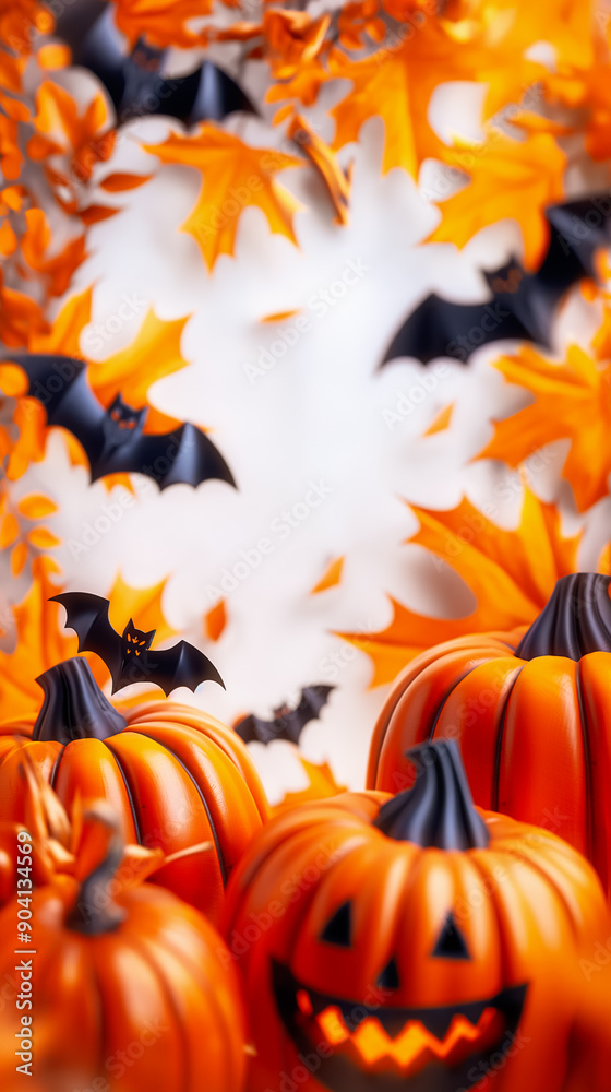 Halloween pumpkins, Bats and Spiders, autumn leaves on white background Halloween pumpkins, Bats and Spiders, autumn leaves on white background