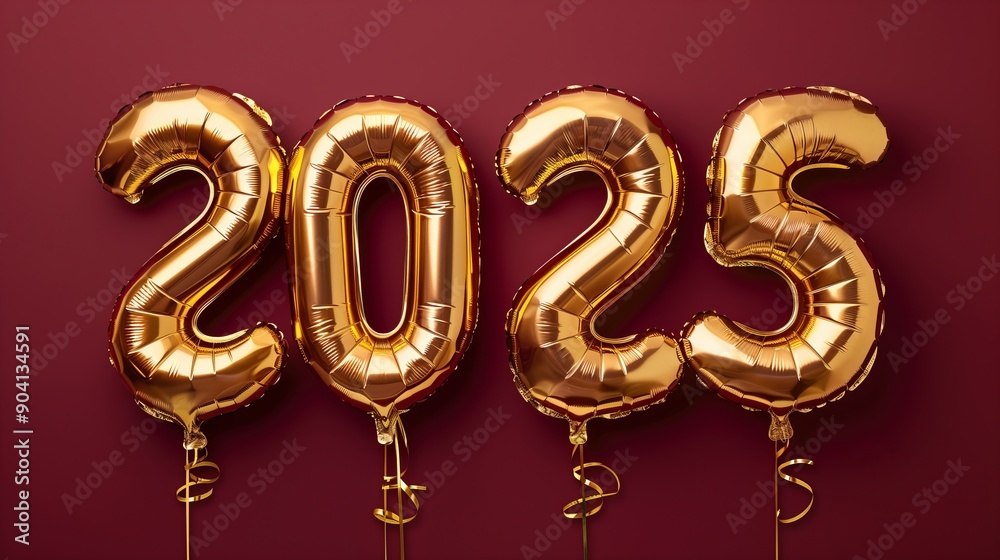 Four golden inflatable balloons formed the number 2025 on a burgundy background. Four golden inflatable balloons formed the number 2025 on a burgundy background.