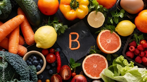 Wallpaper Mural Assortment of Vibrant Produce on Dark Background with Vitamin B Icon Torontodigital.ca