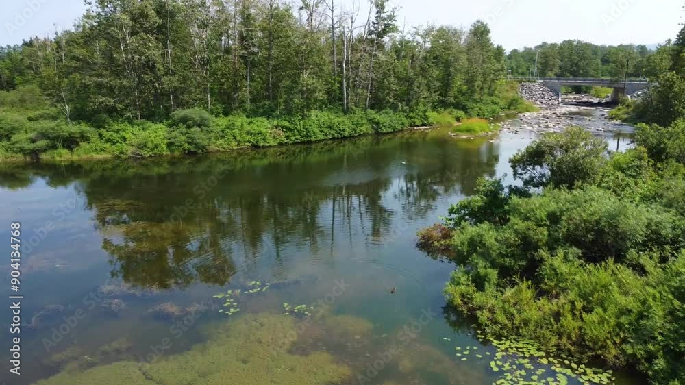 Un drone survol l'embouchure de la Rivière St-Pierre offrant une vue sur le pont de la route 132 à Sayabec, Québec, Canada. L'entrée d'une rivière basse aux eaux limpides laissant voir le fond rocheux