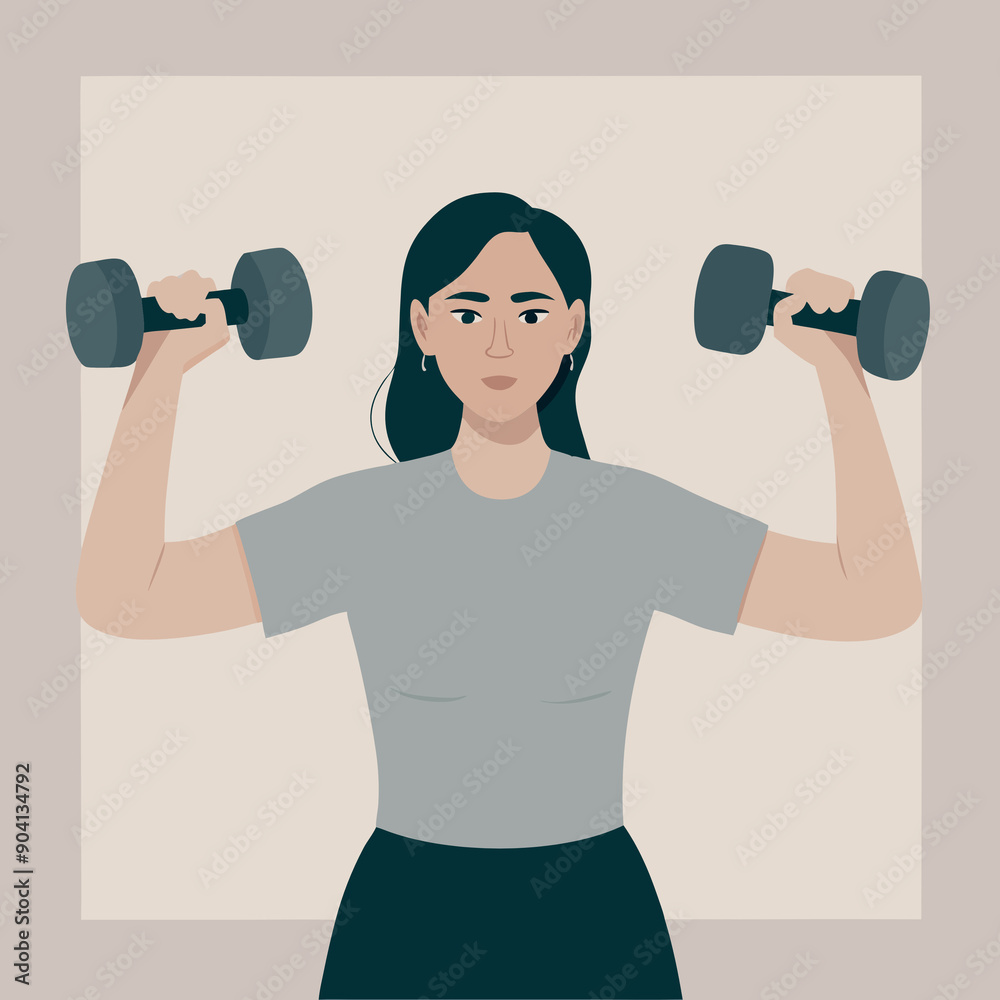 Woman holding dumbbells, international women's day, March 8, professions, icon, art Woman holding dumbbells, international women's day, March 8, professions, icon, art