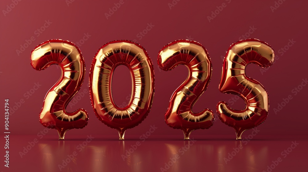 Four golden inflatable balloons formed the number 2025 on a burgundy background. Four golden inflatable balloons formed the number 2025 on a burgundy background.