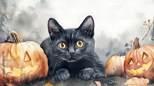halloween cat with pumpkin