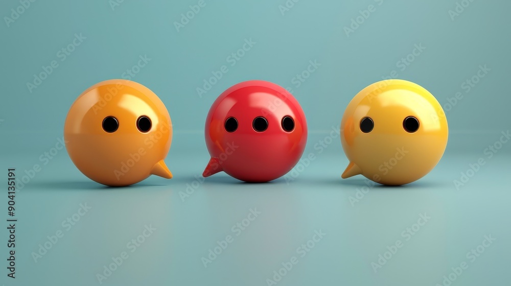 Three glossy speech bubbles, one red with ellipses, two yellow with eyes, on a blue background. Three glossy speech bubbles, one red with ellipses, two yellow with eyes, on a blue background.