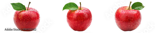 Three Fresh Red Apples with Water Droplets and Leaves isolated against transparent background, PNG