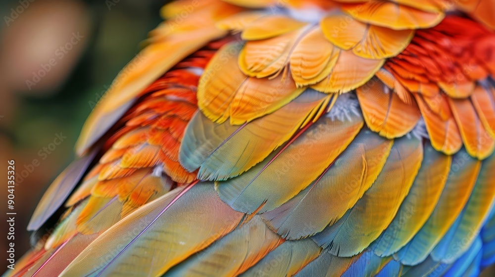 Fototapeta premium Macro shot of a bird's vibrant feathers showcasing intricate patterns, bird feathers, color and texture