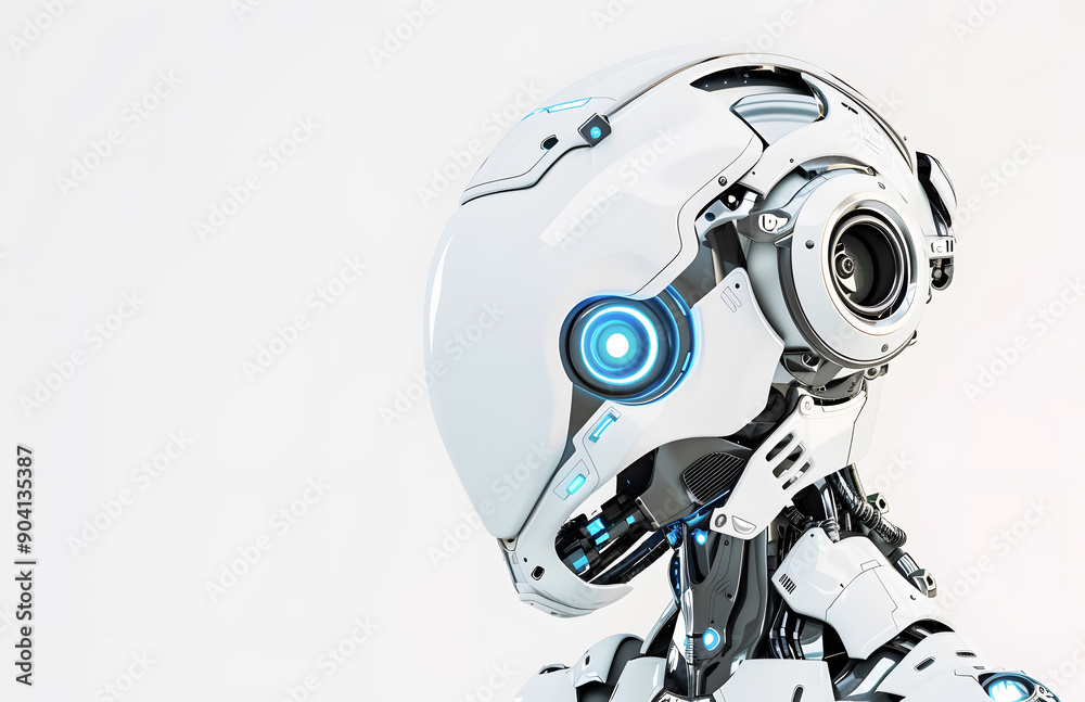 Half-Length Portrait of a Robot with Blue Eyes and Glowing Blue Torso White Background. Half-Length Portrait of a Robot with Blue Eyes and Glowing Blue Torso White Background.