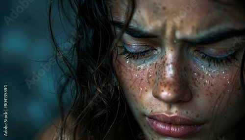 Medium shot of a woman crying, tears streaked face, isolated on white
