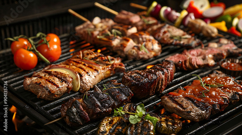 Barbecue grill with a variety of meats and vegetables