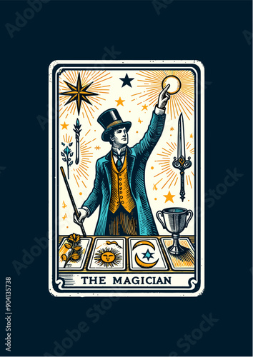 The Magician: Tarot Card Featuring Wizard, Sword, Chalice, Wand, Stars, and Magical Symbols