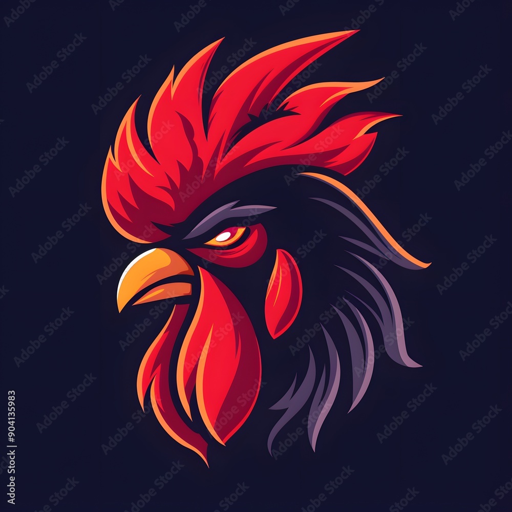 Illustration of a red and black rooster head with a serious expression Illustration of a red and black rooster head with a serious expression