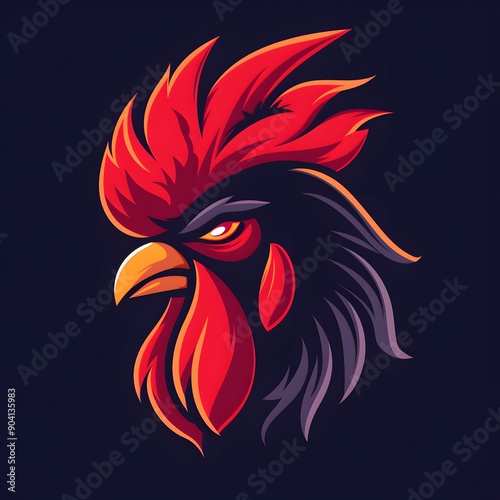 Illustration of a red and black rooster head with a serious expression