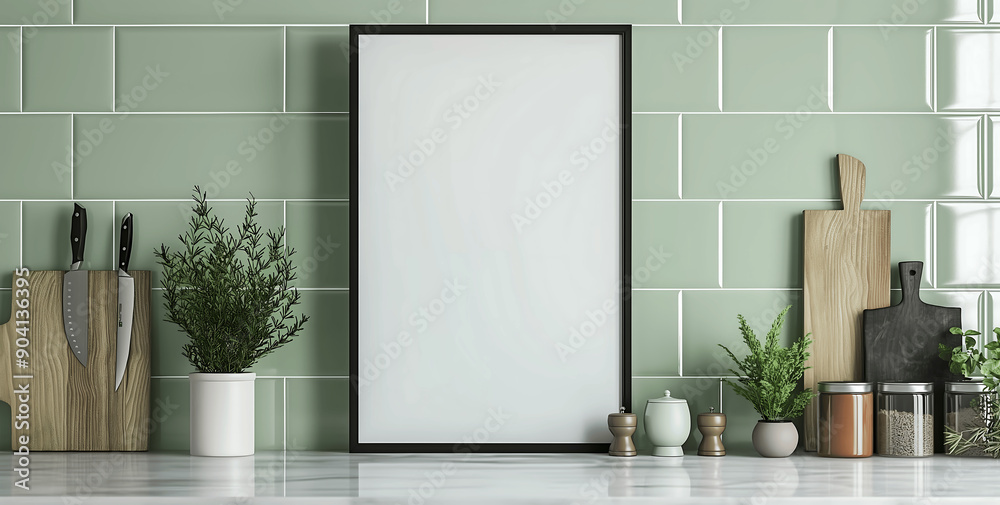 Fototapeta premium An empty mock-up poster frame in a light green kitchen