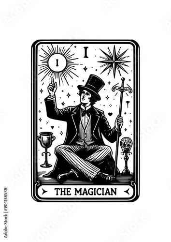 The Magician Tarot Card Featuring Wizard, Sword, Chalice, Wand, Stars, and Magical Symbols