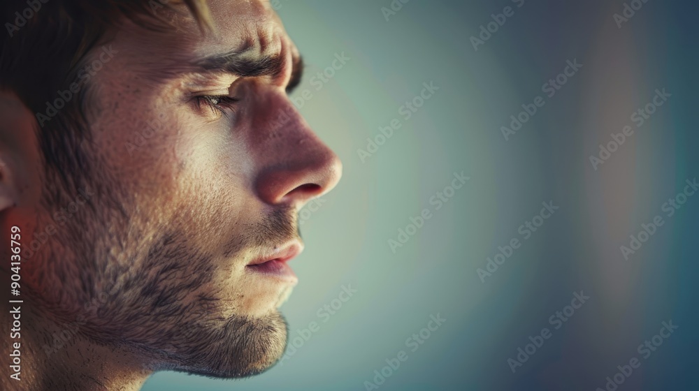 Portrait of a Stressed Man in Profile View, Expressing Mental Health Struggles Portrait of a Stressed Man in Profile View, Expressing Mental Health Struggles