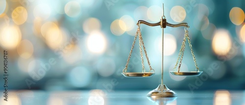 Close-up of a golden scale symbolizing justice, balanced against a blurred bokeh background, evoking law and fairness. photo