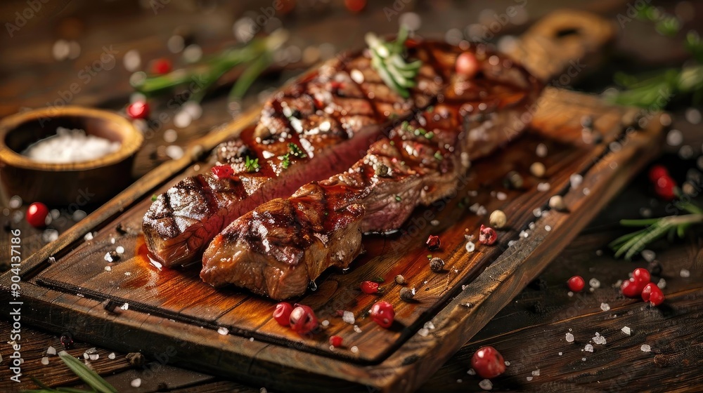 Juicy grilled steak garnished with herbs, served on a wooden board, perfect for gourmet dining experiences. Juicy grilled steak garnished with herbs, served on a wooden board, perfect for gourmet dining experiences.