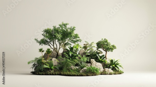 A miniature jungle scene with lush greenery and rocks on a white background. photo