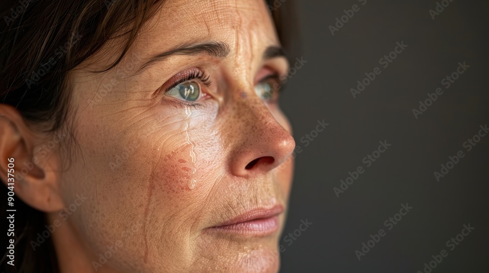 Obraz premium Facing Emotional Turmoil: Close-up Profile of a Distressed Woman with Tear-Streaked Face Reflecting Mental Struggle