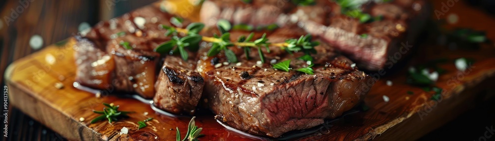 Juicy grilled steak served on a wooden board, garnished with fresh herbs for an appetizing culinary experience.
