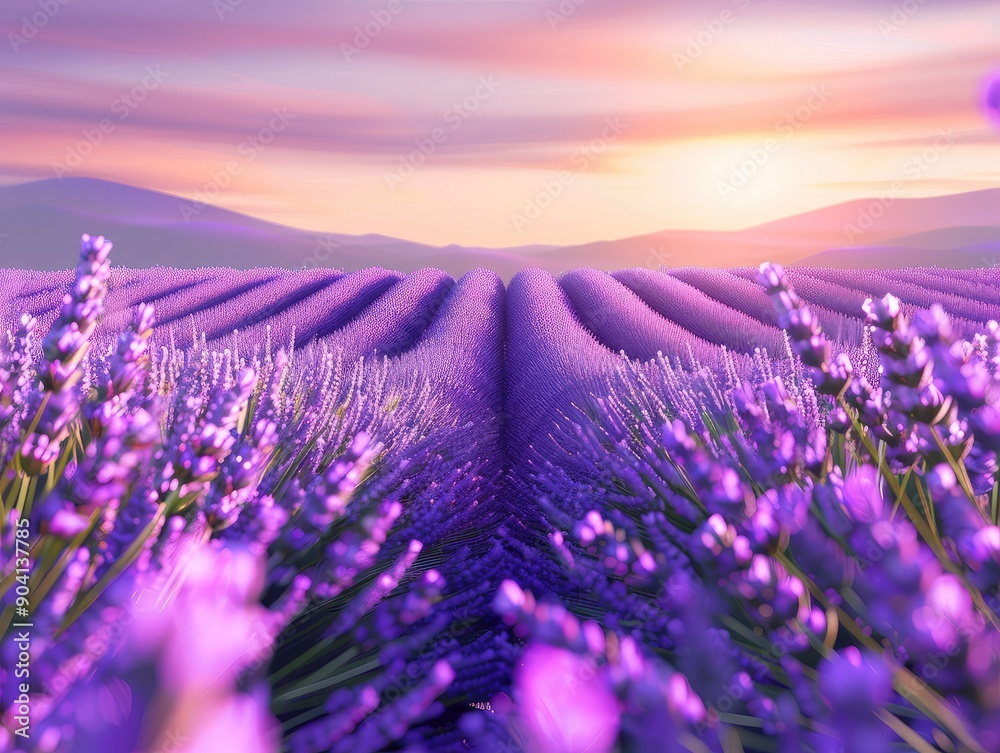 Fototapeta premium A breathtaking view of a lavender field at sunset, showcasing vibrant purple hues and serene natural beauty, perfect for relaxation themes.