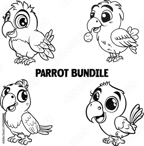 Playful Cartoon Parrot Bundle Coloring Page for Kids photo
