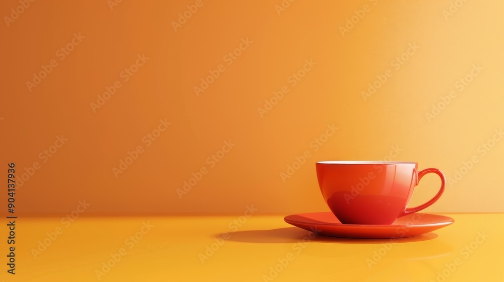 A single red coffee cup and saucer on an orange surface with copy space. A single red coffee cup and saucer on an orange surface with copy space.