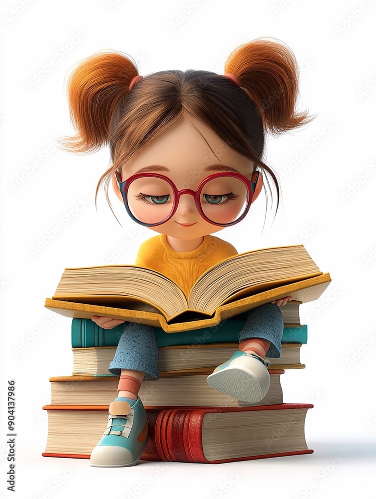 Young girl reading on stack of books white background educational concept 3D animation high resolution Young girl reading on stack of books white background educational concept 3D animation high resolution