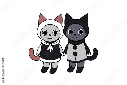 Cat Friends in Costume - Black and White Line Art for International Cat Day.