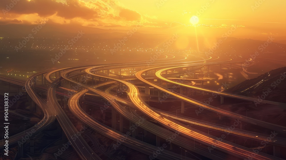 A stunning sunset view of an intricate highway interchange, capturing the golden light and vast road network in mesmerizing detail. A stunning sunset view of an intricate highway interchange, capturing the golden light and vast road network in mesmerizing detail.